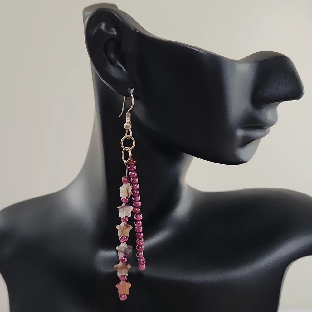 Handmade Purple Stone Star Dangle Earrings | Boho Artisan Beaded Earrings